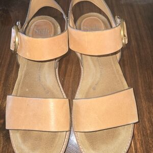 Sofft Tan Leather Two-Strap Slingback Sandals with Gold Buckle